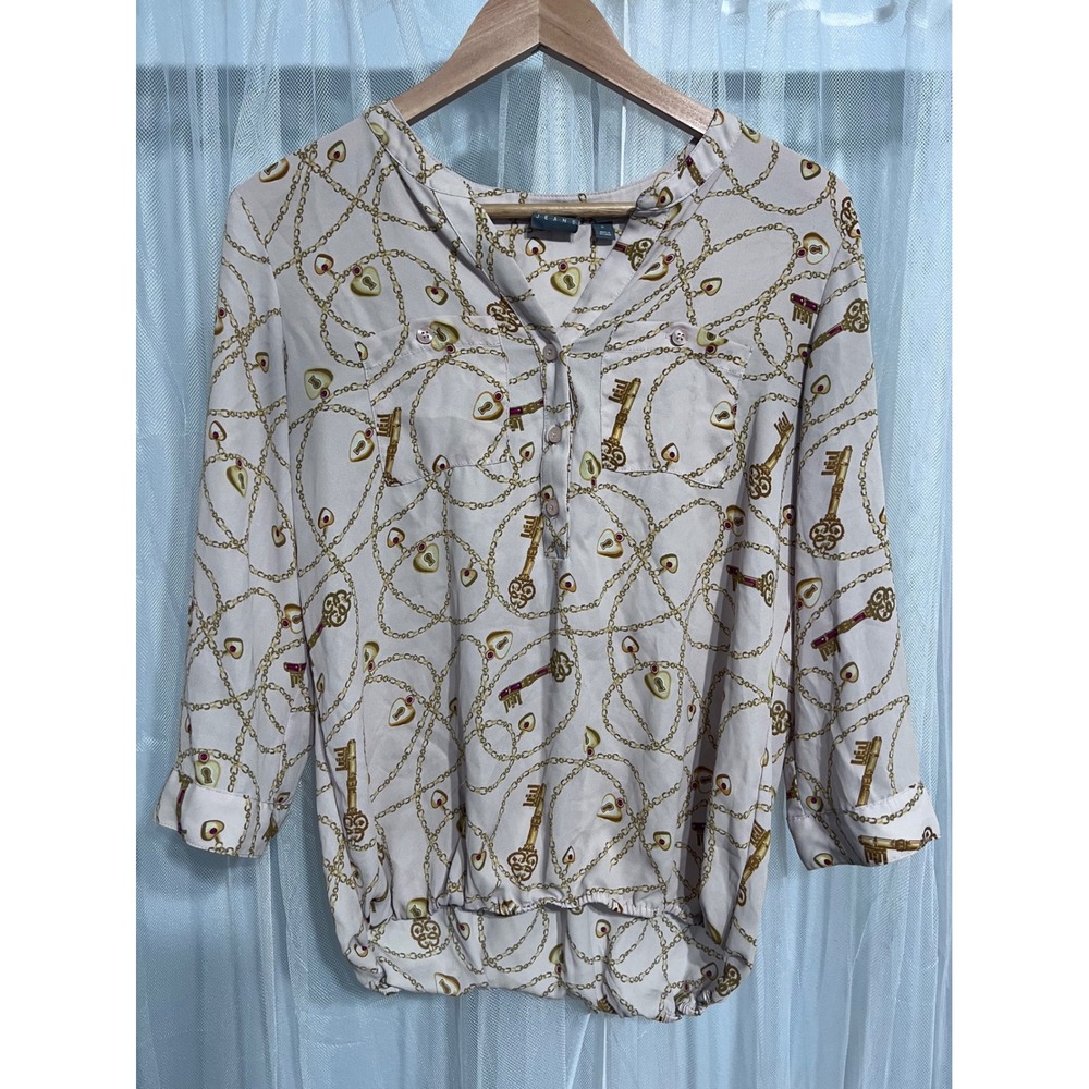 Soho New York & Company‎ Pink Chain Key Heart Print Bubble Hem Blouse Sz S